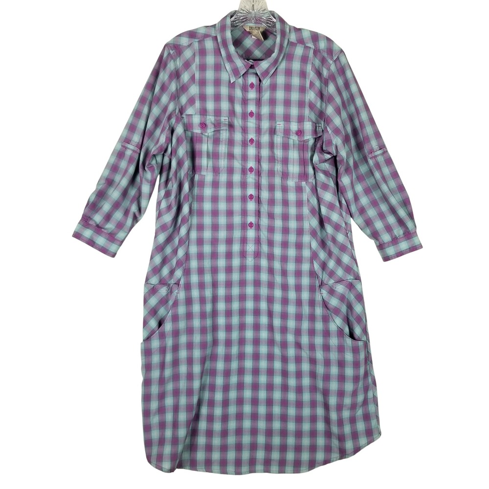 Duluth Trading Co Shirt Dress Women L Purple Teal Plaid Roll Tab Pocket 97s